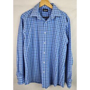 Lands' End Men's Shirt Size Large 16 1/2 Blue Plaid Long Sleeve Button Down Top